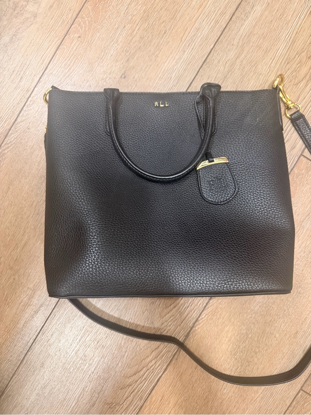 Lauren Ralph Lauren Black Pebbled Leather Tote with Gold Hardware and Strap